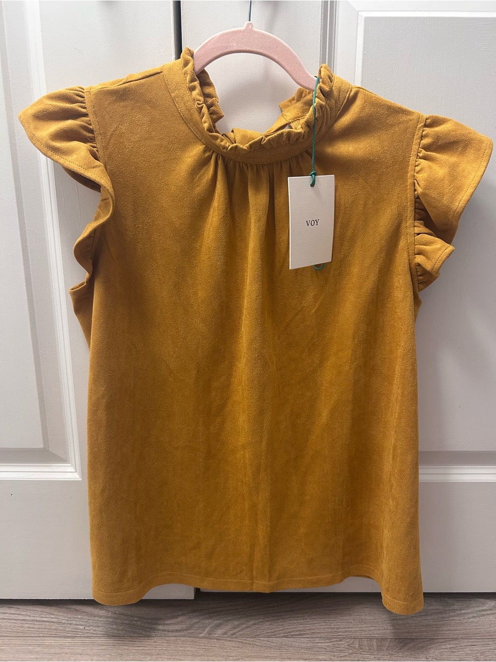 NWT: VOY Women's Mustard Ruffle Sleeve Flutter Small Velvet Suede Back Bow Soft